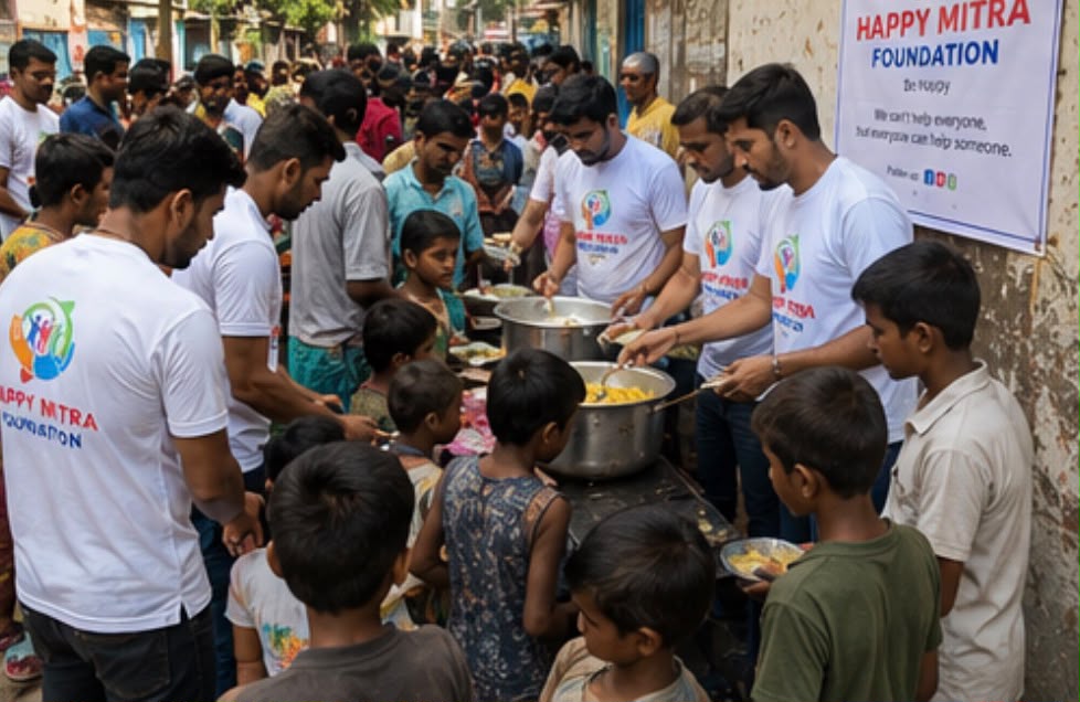 Children and families receiving hot meals at a community drive