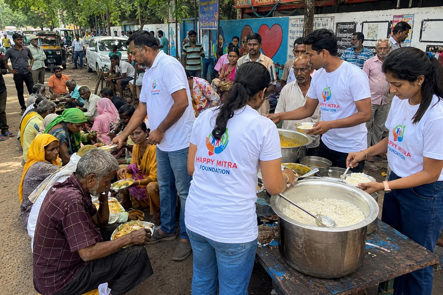 Volunteers of Happy Mitra Foundation serving hot meals to people in need