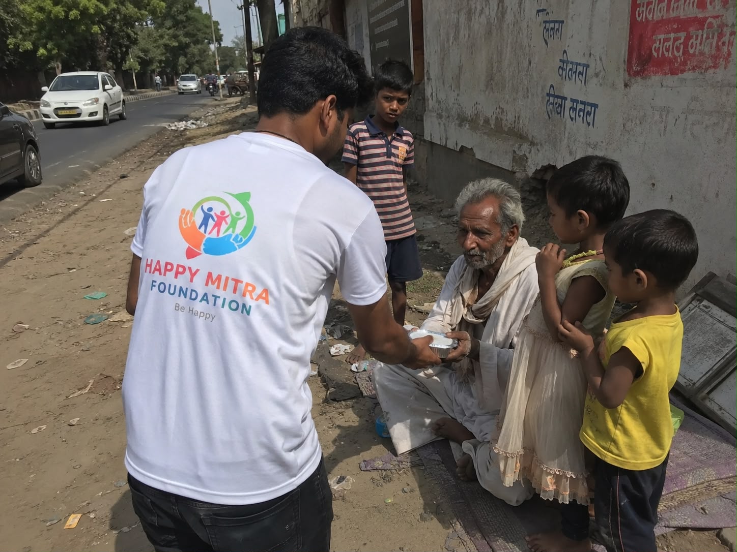 A volunteer serving a meal to an elderly man and children on the roadside