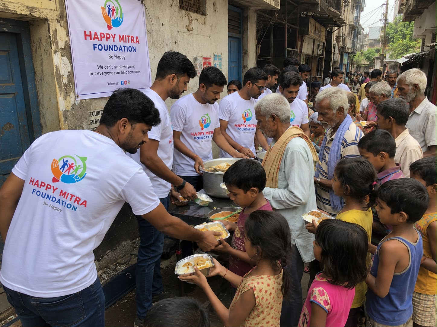 Happy Mitra Foundation volunteers serving hot meals to families in a street lane