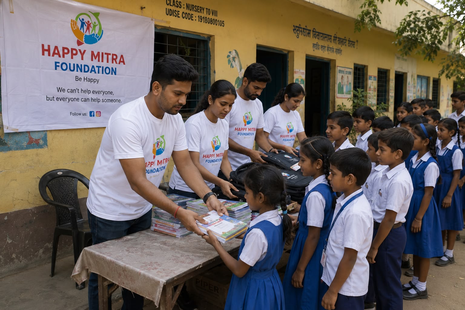 Children receiving school bags and books